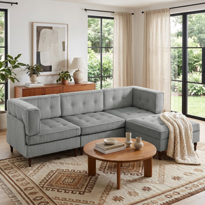 4 - Piece Upholstered Light Gray Tufted Corduroy Modular Sectional with Pillow Back and Removable Flip-Tray Top Storage Ottoman