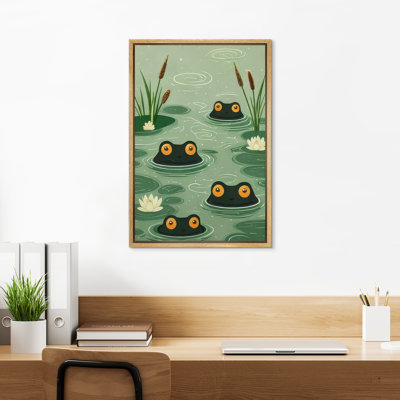 Cute Frog Pond with Water Lilies and Cattails Illustration Wall Art Decor Framed On Canvas Print
