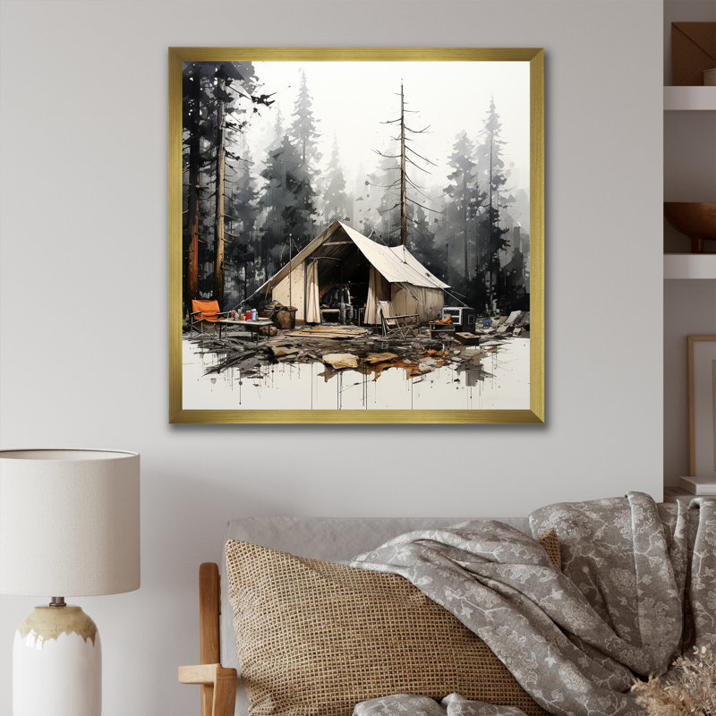Tente de camping dans un paysage hivernal, H 16 po x l 16 po x P 1 po, Cadre doré simple