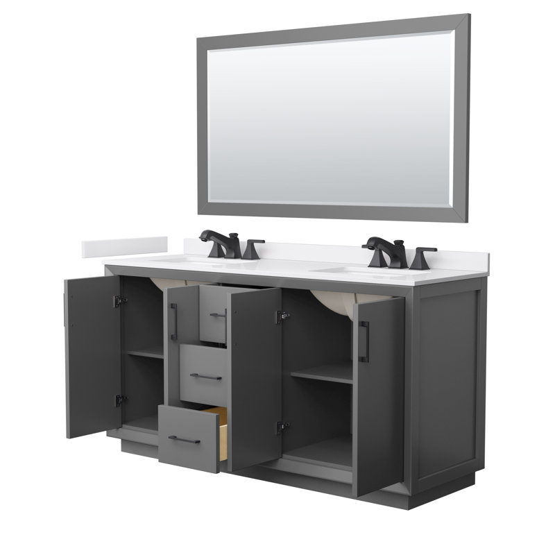 Meuble-lavabo double autoportant 66 po avec plateau en marbre Strada, Gris, Noir mat