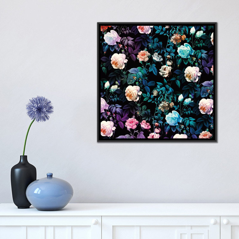 « night forest », impression sur toile tendue, H 18 po x l 18 po x P 1,5 po, Toile avec cadre noir, Blanc