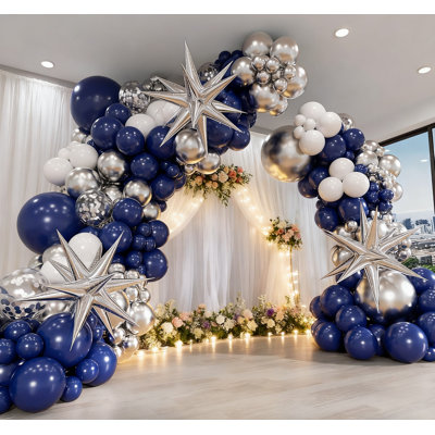 130Pcs Navy Blue Silver Balloon Garland Arch Kit 3Pcs Silver Star Balloons Royal Blue Metallic Silver White Latex Balloons 2025 Indoor Outdoor Birthda