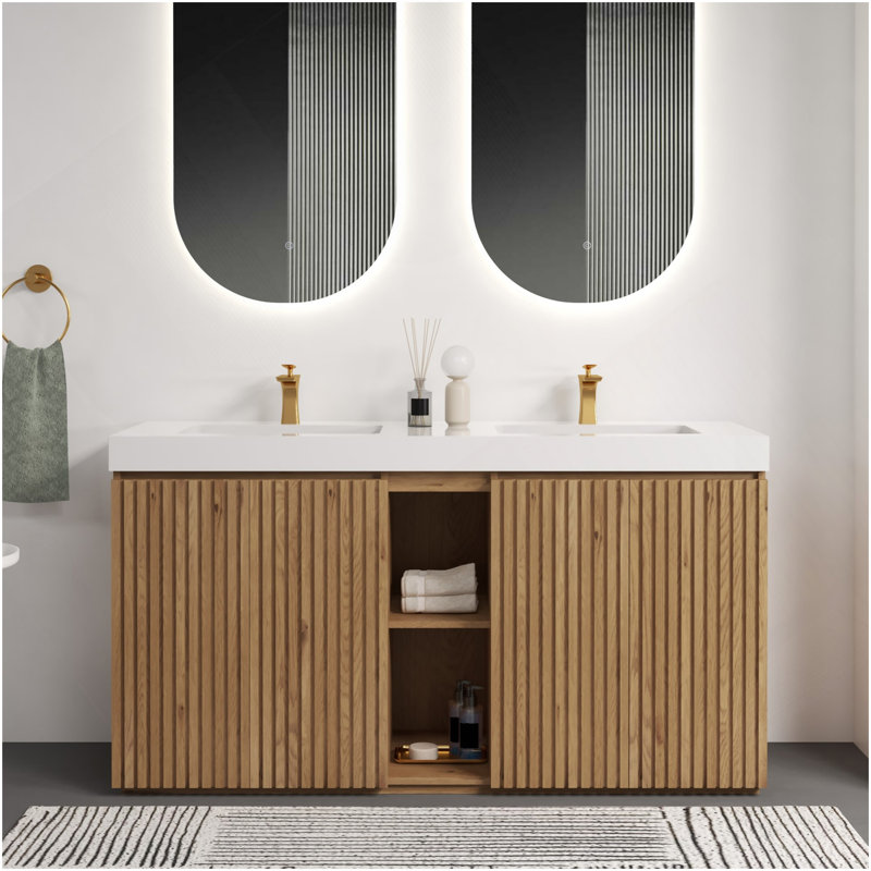 Knotty Oak Bathroom Vanity With Sink, Large Storage Freestanding Bathroom Vanity For Modern Bathroom, One-Piece White Quartz Double Sink Basin Without Drain And Faucet