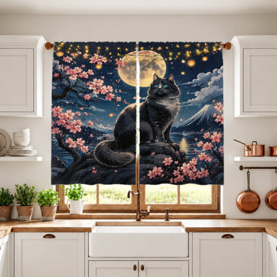 2Pcs Black Cat Moon Sakura Curtains, Light Filtering Fabric, Anime Style Print, Privacy Protection, Rod-Pocket Design, Suitable for Living Room, Bedroom, Balcony, Kitchen Home Decoration