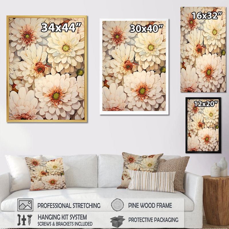 Minimalisme beige Zinnias Collage III sur toile, Cadre doré simple, H 32 po x l 16 po x P 1 po