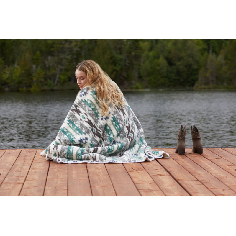 Navajo Print Grey Reversible Sherpa Fleece Throw Blanket 50x60