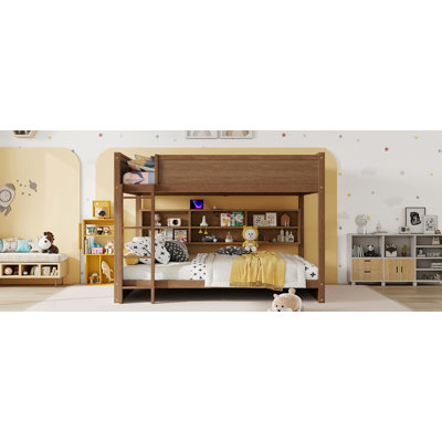 Queen Over Queen Bunk Bed With Built-In Storage Cabinets,Charging Station,Ladder