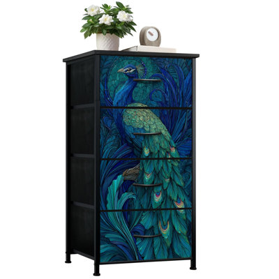 Stained Glass Style Dresser for Bedroom with 4 Storage Drawers Vibrant Peacock Stained Glass Teal Blue Green Hues Dressers Chest of Drawers Steel Framed Fabric Closet Organizers for Dorm Entryway