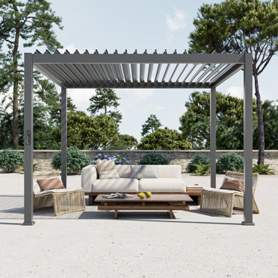 Metal Louvered Pergola with Adjustable Roof & Drainage System, All-Weather Patio Pergola for Garden, Deck