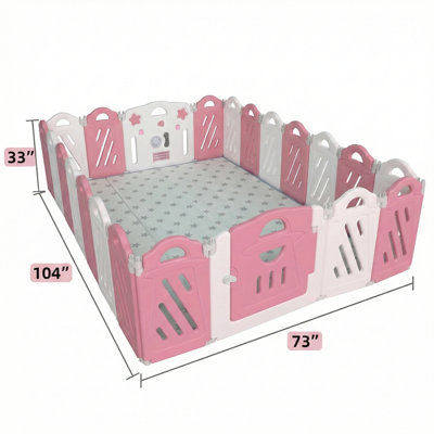 Parc pliable pour enfants, composé de 20 panneaux + 2, de forme configurable, équipé d'une barrière de sécurité, fini en rose et blanc