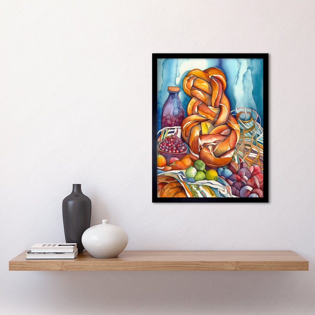 Jewish Challah Bread And Fruit Folk Art Watercolour Painting Art Print Framed Poster Wall Decor 12x16 inch