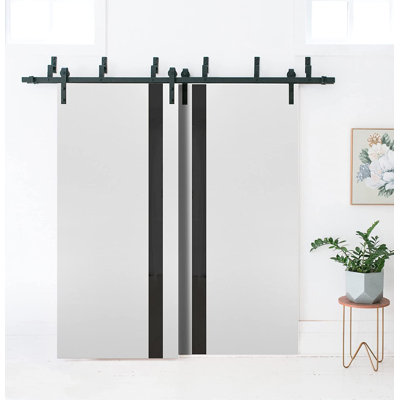Portes coulissantes de style grange pour placard, 122 x 203 cm (48 x 80 pouces), Planum 0040, blanc soie avec verre noir, rails robustes de 2 m (6,6 pi), quincaillerie incluse, portes de placard de chambre en bois massif.