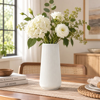 9.64'' White Ribbed Ceramic Vase for Flowers and Farmhouse Home Decor