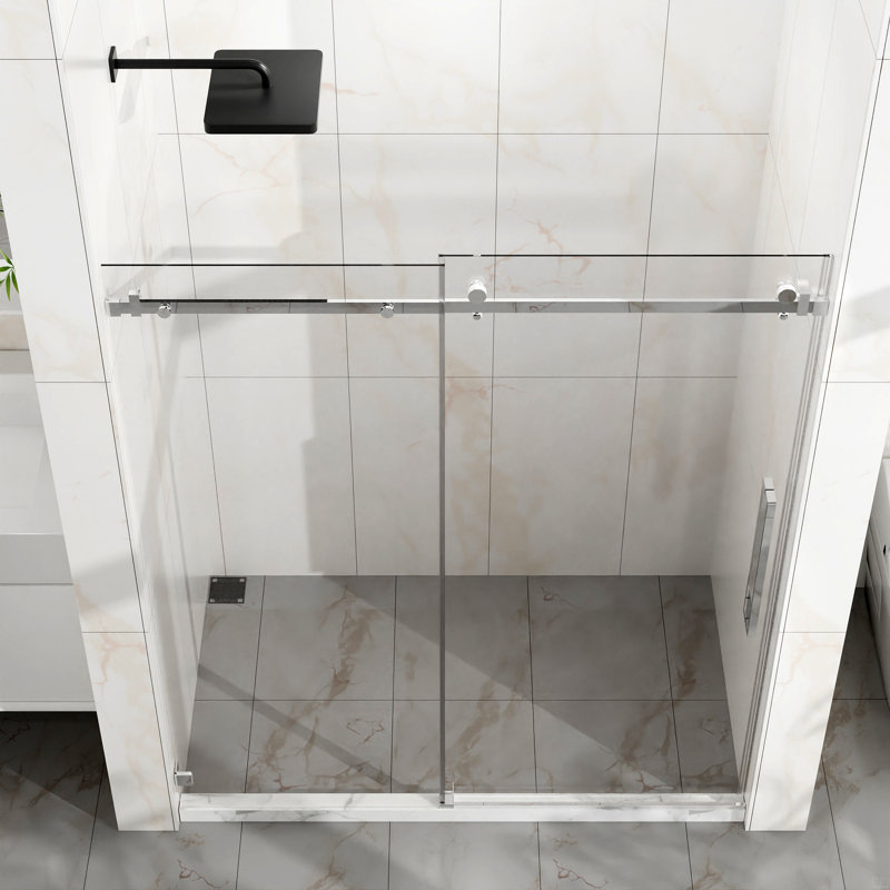 Frameless Shower Door, 60" W X 72" H Silent Sleek Sliding Glass Door, 1/4" (6Mm) Thick Tempered Clear Glass, Silver