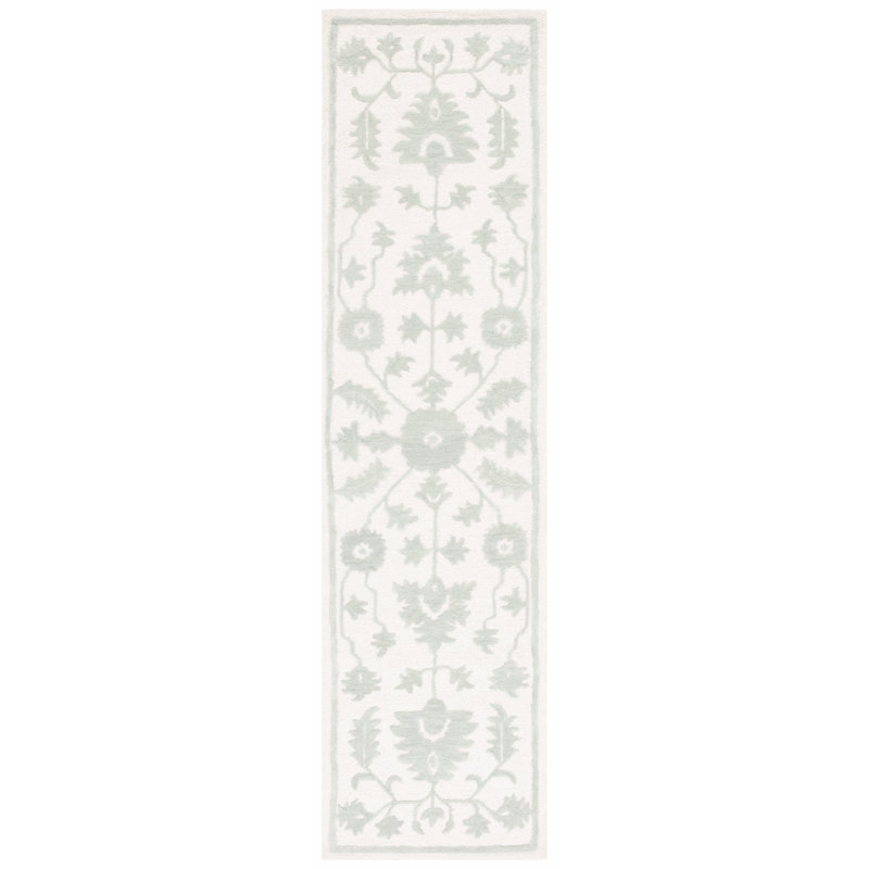Tapis oriental vert / ivoire en laine / coton touffeté à la main Joran, Tapis de couloir 2 pi 3 po x 9 pi