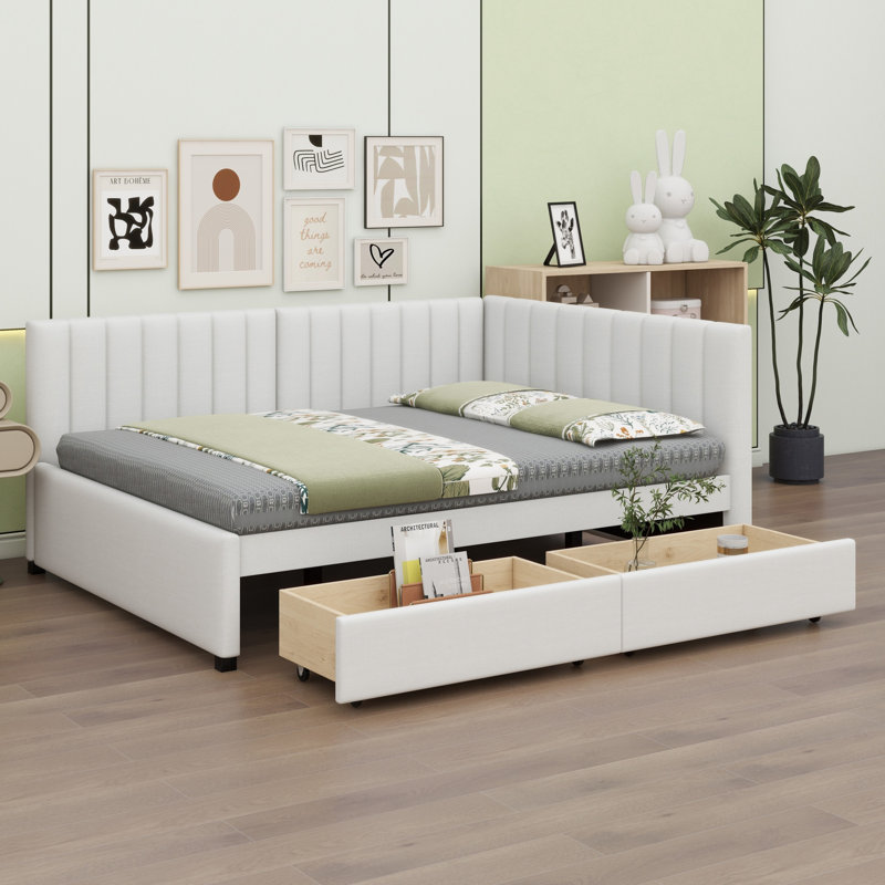 Lit de jour rembourré avec 2 tiroirs de rangement, Beige
