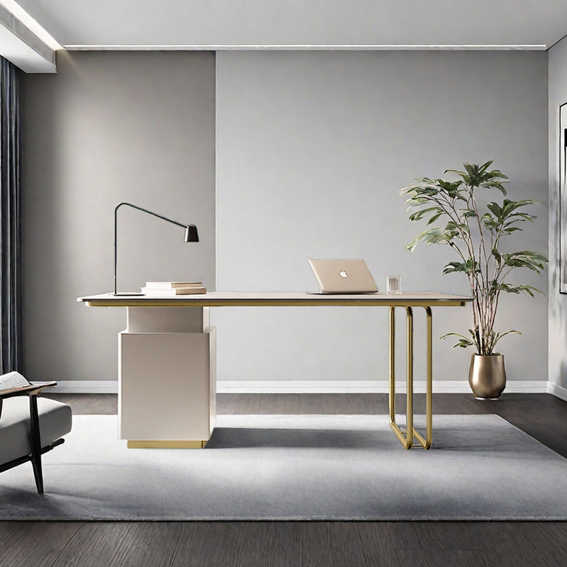 Bureau en pierre frittée avec tiroirs, 28.74" H x 62.99" W x 27.56" D, Doré / Blanc