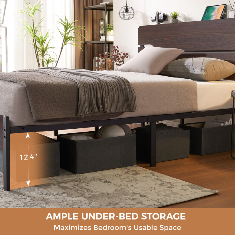 Solid Wood Bed Frame with Headboard and Silent Slats, 1000 Lb Capacity Bed Frame