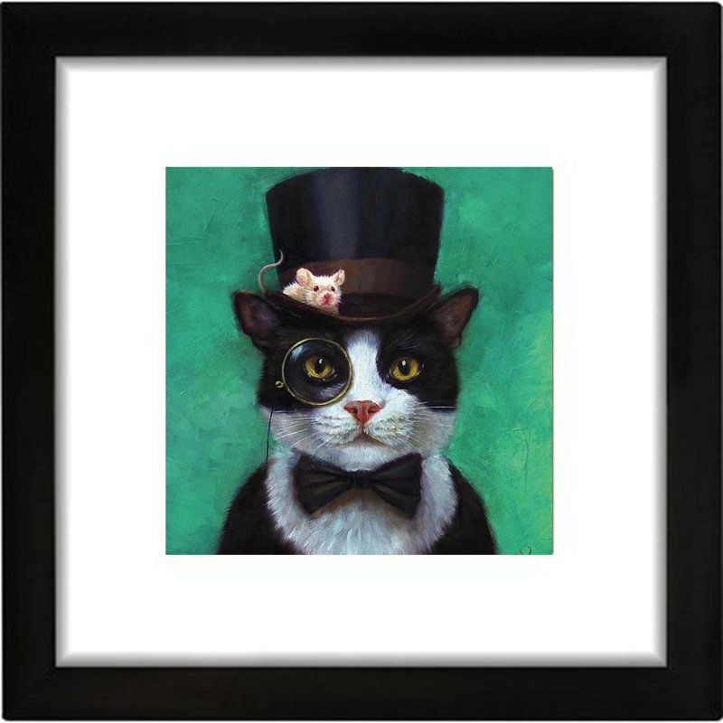 «Tuxedo Cat with Mouse in Hat», reproduction d'impression sur bois encadrée
