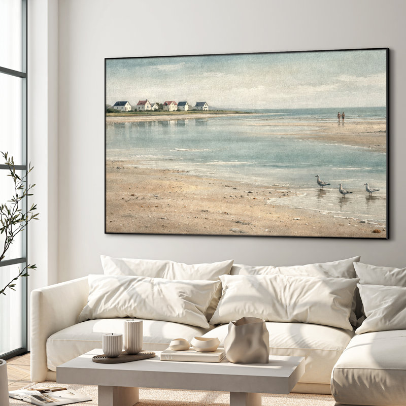 Très grand art mural imprimé sur toile - Décoration de salle de bain bord de mer Beige Sandy Beach - "Assemblage requis (cadre non fini)"