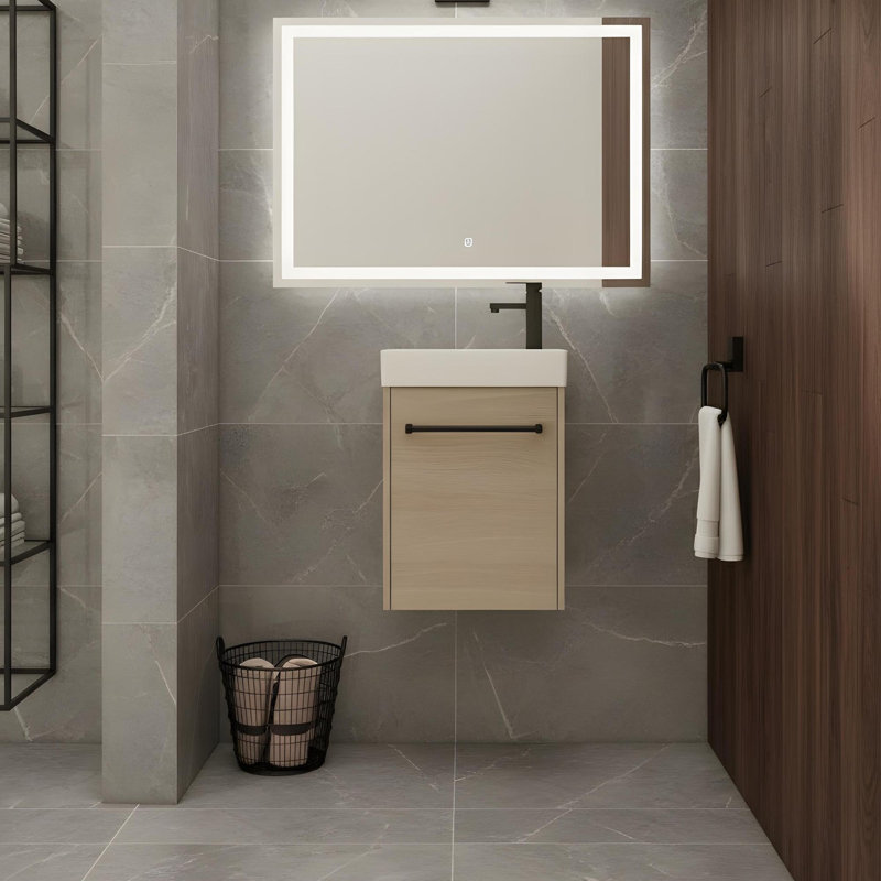 Meuble-lavabo mural 16 po avec lavabo, Chêne clair
