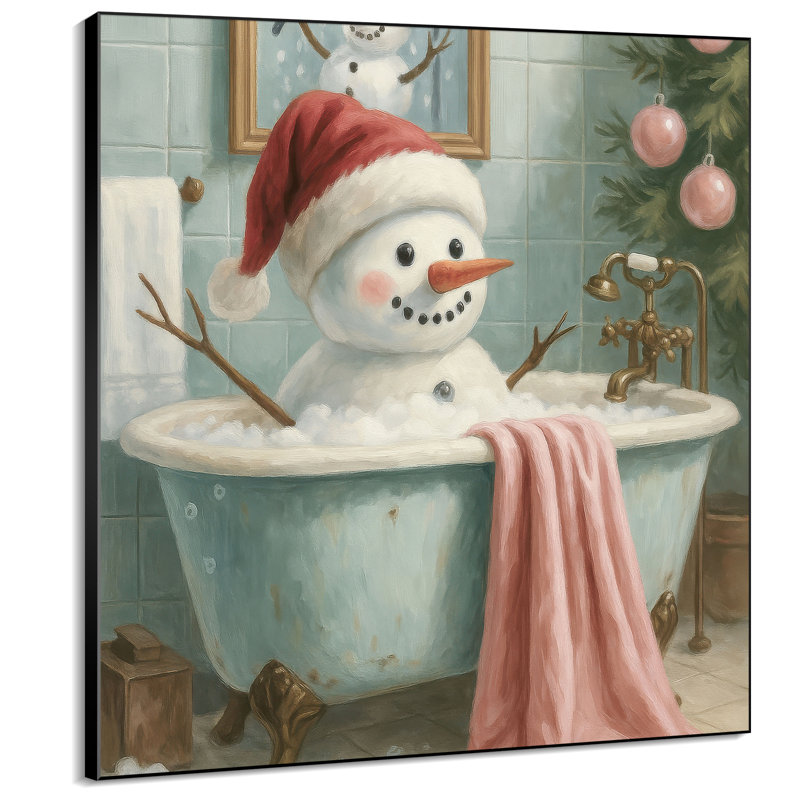 Très grande reproduction d'art sur tissu - Décoration de chambre à coucher fantaisiste bonhomme de neige sarcelle - «Assemblage requis (cadre non fini)»
