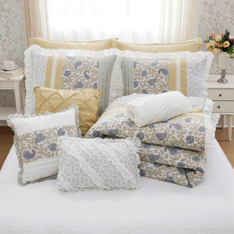 Ensemble d'édredon 9 pièces en percale de coton jaune, Grand édredon et 8 pièces supplémentaires, Jaune