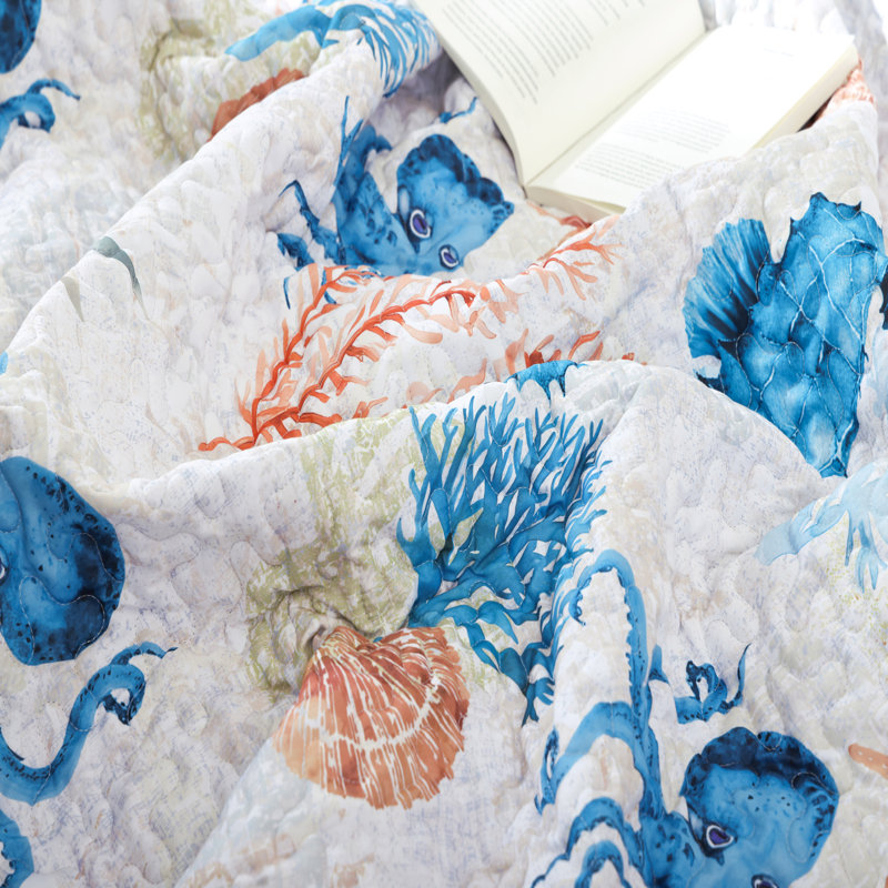 Coastal Quilt Set 3 Pieces - Bedding Lightweight Ocean Print Quilt With Two Pillowcases, Queen Quilt + 2 Standard Pillowcases
