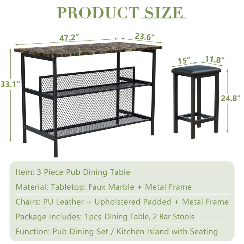White Faux Marble 3-Piece Pub Dining Set with Storage Shelves
