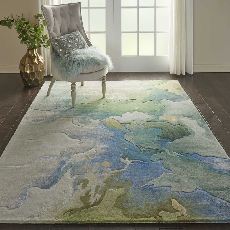 Prismatic - PRS16 tapis abstrait touffeté à la main bleu / beige / vert, Rectangle 5 pi 6 po x 7 pi 5 po