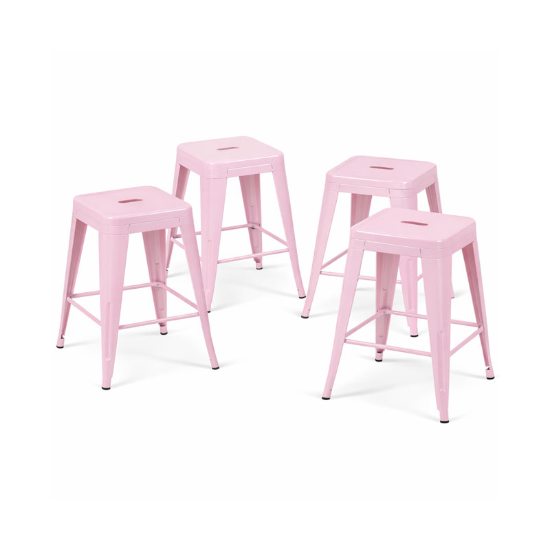  24-Inch Industrial Metal Counter Stools, Stackable Indoor/Outdoor Barstools, Set of 4, Pink, 4, Pink, 24-inch