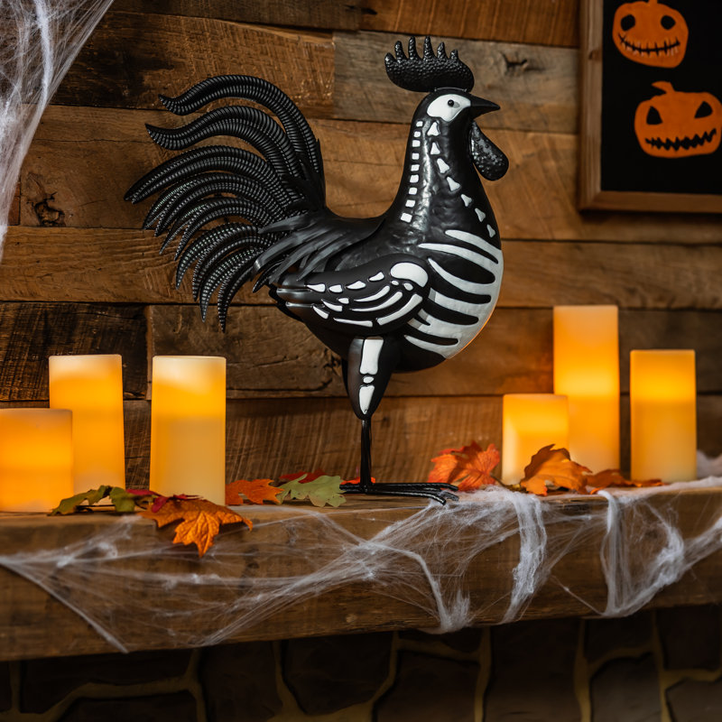 Statue de jardin d'Halloween coq squelette en métal