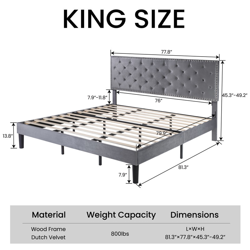 Aleiny Velvet Bed with Adjustable Upholstered Headboard, King, Gray