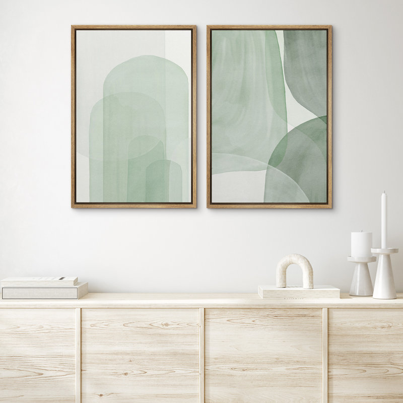 «Pastel Watercolor Green Abstract Minimalist Decor», ensemble de 2 reproductions d'art sur toile encadrées, Naturel