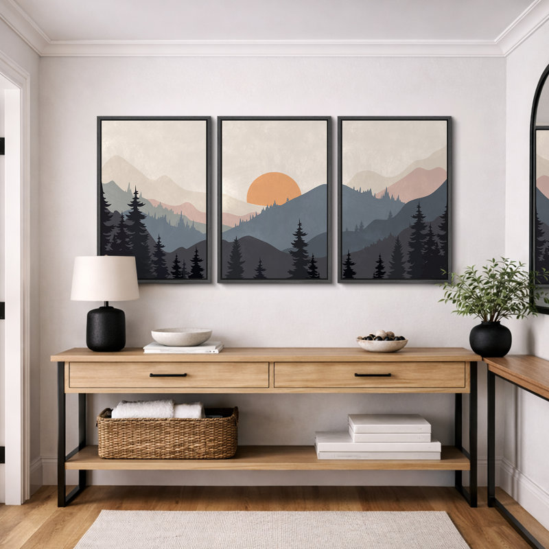 Sun Mountain Landscape "Tranquil Orange Sunset Layered Hills Artwork, Modern Abstract Cabin Wall Pictures, Framed Canvas Giclée Print 3 Pieces Wall Art" 16"x24"x3 pcs, 24"x36"x3 pcs