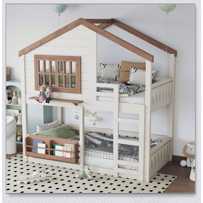 Lit superposé de style chalet avec bibliothèque et clôture de sécurité, idéal pour le jeu et le sommeil des enfants, maximise l'espace vertical