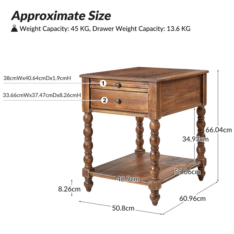 Eric 60.96cm W Traditional Soild Bedside Table with Extendable Tray, Walnut
