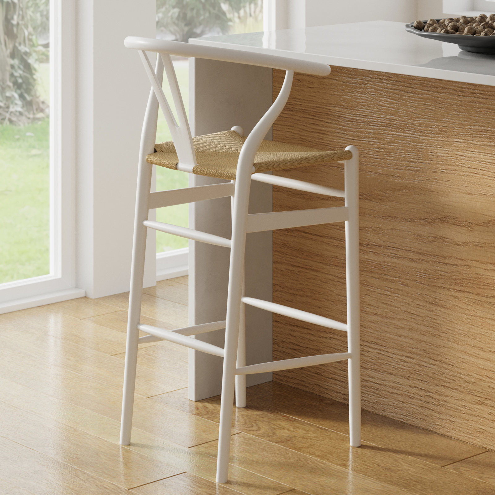 Etta 30" Bar Stool, White/Natural, Bar Stool (30" Seat Height)