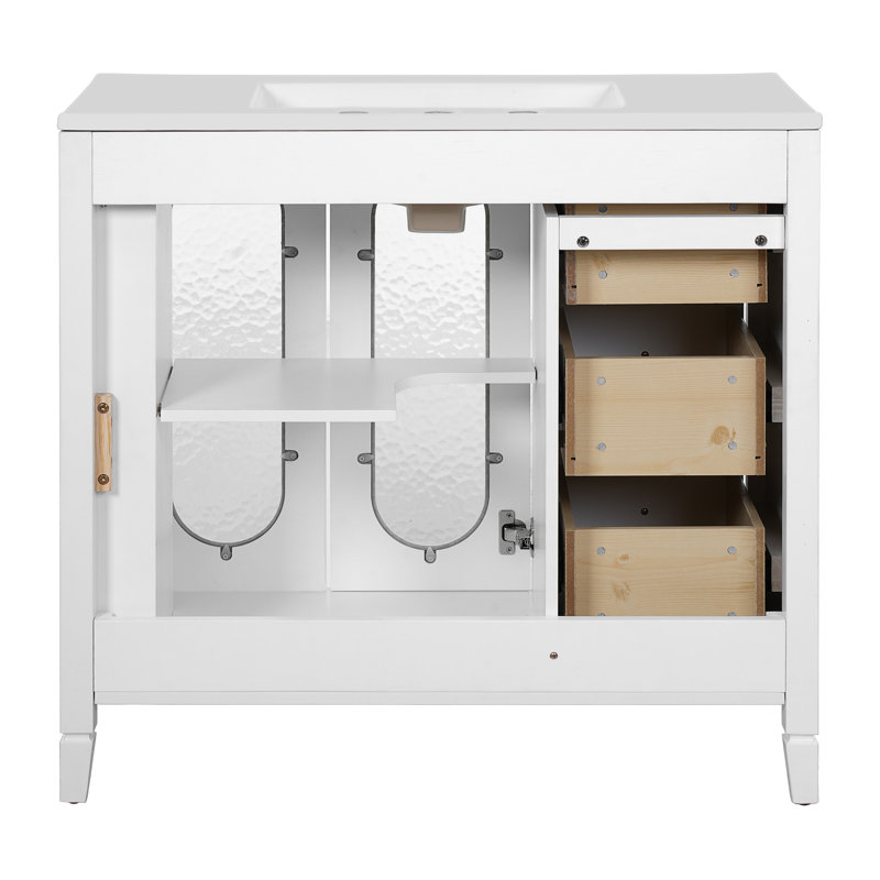Rangement de meuble-lavabo moderne de 36 pouces avec 3 tiroirs, portes en verre double, structure en bois massif, lavabo en céramique, espace généreux, verre translucide à fermeture en douceur 2 pas facile à fendre, style, espace pour