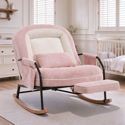 Fauteuil à bascule surdimensionné pour chambre d'enfant avec repose-pieds rétractable, revêtement en fausse fourrure douce, dossier réglable à 4 positions, coussin lombaire et poche latérale
