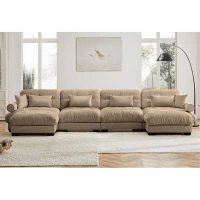 U Shaped Sectional Sofa Cloud Couch With Movable Ottomans, Convertible Deep 4 Seater Modern Velvet Comfy Upholstered Corner Couch With Blostered Armrests, Waist Pillow And Throw Pillows