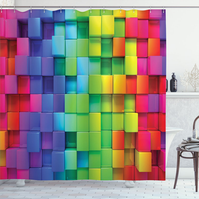 Colorful Geometric Fabric Shower Curtain with Hooks