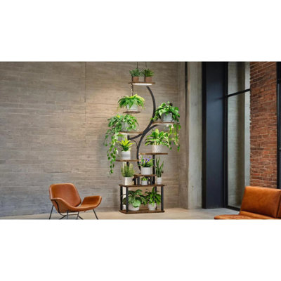 Support à plante avec lumières de culture, tablette à 8 niveaux pour plantes d'intérieur, support à plantes de 61 po de hauteur pour plantes d'intérieur multiples, support à fleurs en métal, support à plantes en forme de S pour la maison, patio (retour à l'école)
