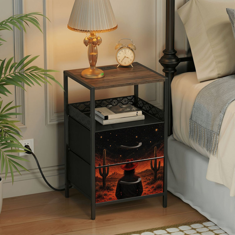 Table de chevet 2 tiroirs avec station de charge, table de chevet pour chambre avec ports USB et amp; Table de chevet noire Outlets Outlet