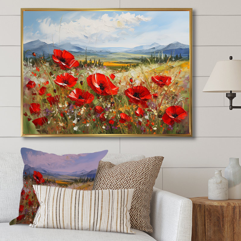 «Red Poppies Field In Mountain I», reproduction sur toile, H 30 po x l 40 po x P 1,5 po, Cadre flottant doré