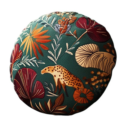Tropical Leopard Embroidered Round Pillow
