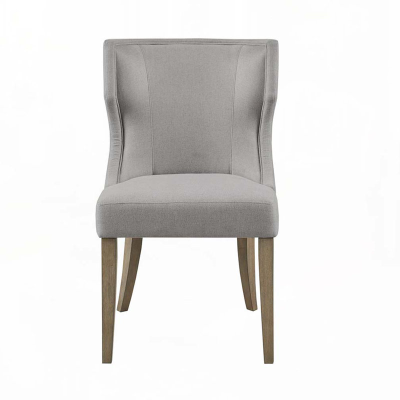 Chaise de salle à manger rembourrée en polyester avec dossier à oreilles rembourré, pieds en bois, Naturel, Gris clair
