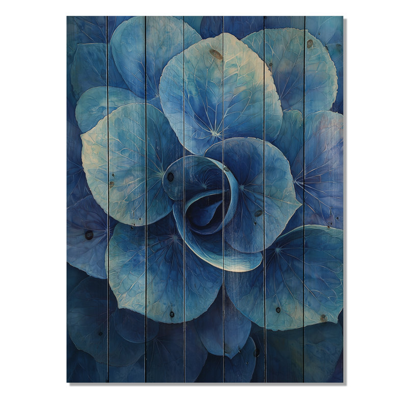Blue Green Hydrangea Vortex II - Hydrangea Wood Wall Decor - On Natural Pine Wood, 40" H x 30" W x 0.78" D