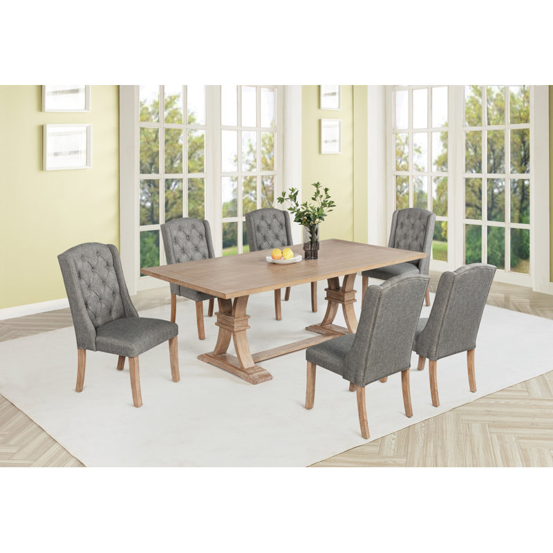 Traditional Style Dining Set With Wingback Chairs, Gray/Tan, 7