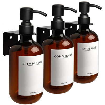 Shampoo Dispenser For Shower Wall Mount, No Drill Shampoo And Conditioner Dispenser With Matte Pump And Waterproof Labels, Shower Soap Dispenser Wall Mounted For Home Bathroom - Amber